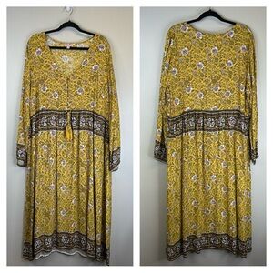 Falling Flower 3X plus size Bohemian Yellow Brown Floral Long Sleeve Dress EUC